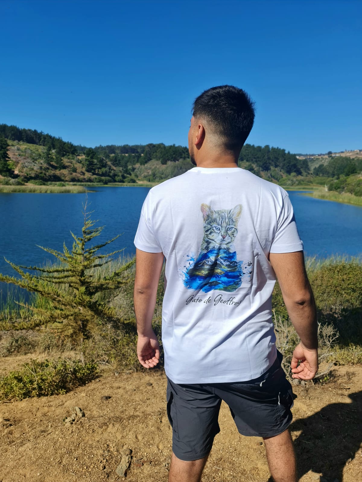 Polera Gato Geoffroy con lago Pehoe Torres del Paine